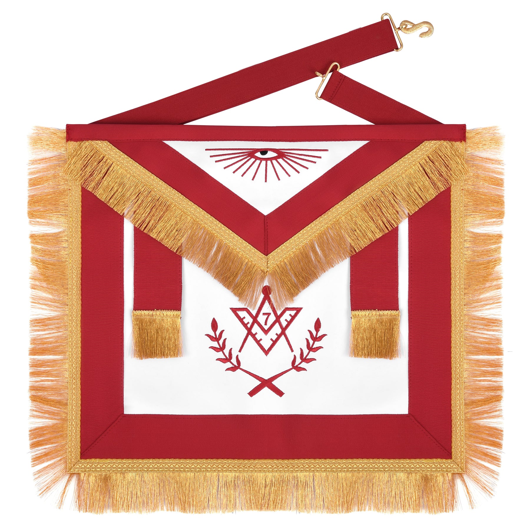 Master Mason Blue Lodge Apron - Red Ribbon Golden Bullion With Wreath & Fringe - Bricks Masons