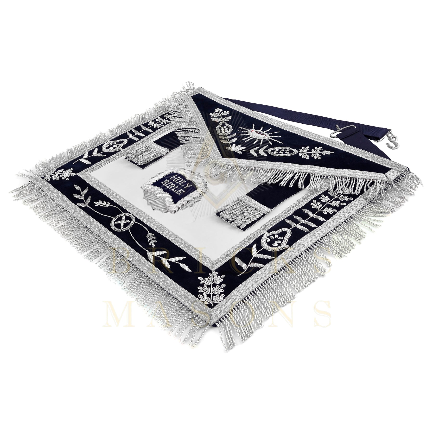 Chaplain Blue Lodge Officer Apron - Dark Blue With Silver Hand Embroidery Bullion - Bricks Masons