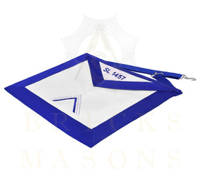 Worshipful Master Blue Lodge Officer Apron - Blue Ribbon With Machine Embroidery Customizable Flap - Bricks Masons