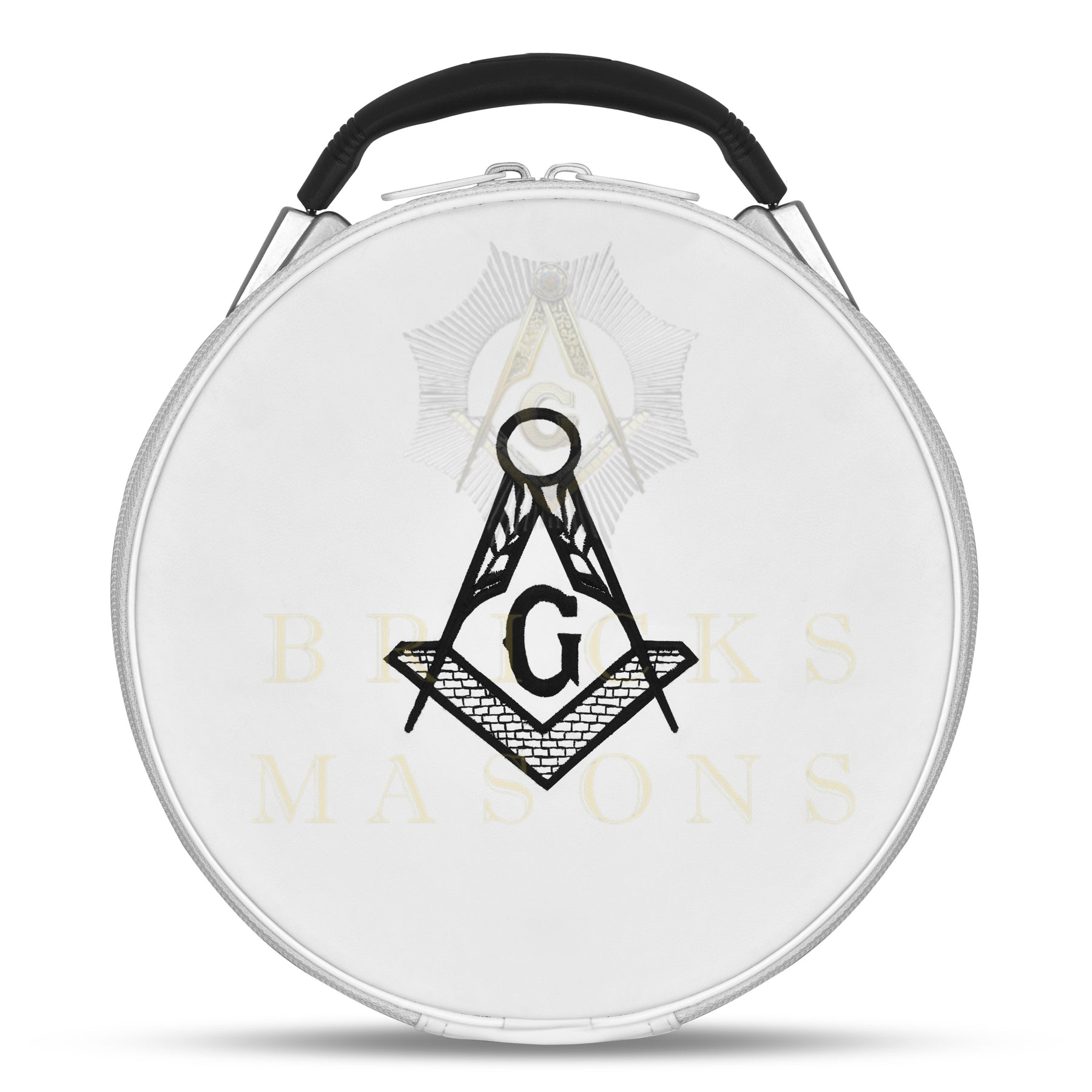 Master Mason Blue Lodge Crown Cap Case - White Imitation Leather With Hand Embroidery Bullion - Bricks Masons