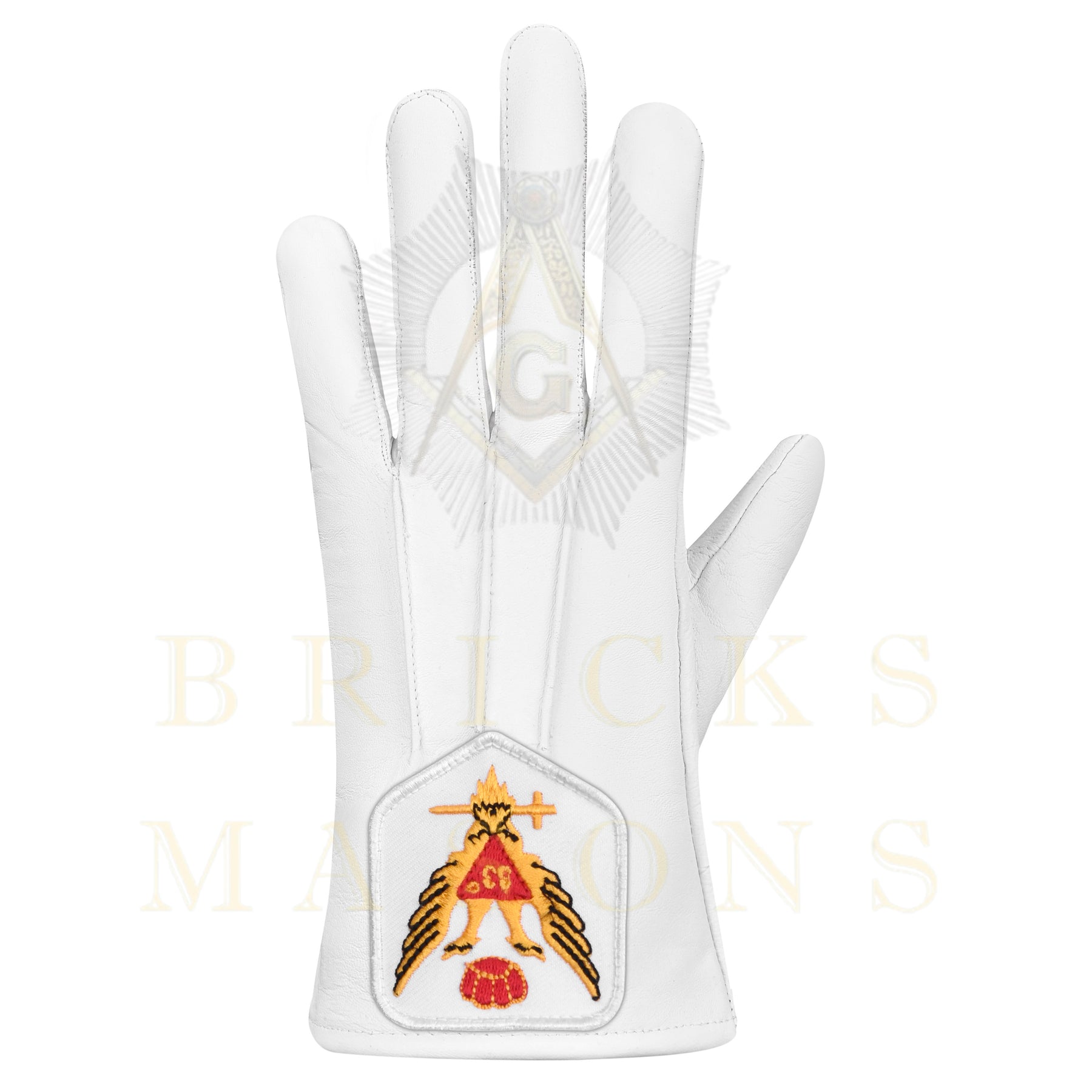 33rd Degree Scottish Rite Gloves - White Leather Eagle Wings Up Patch - Bricks Masons