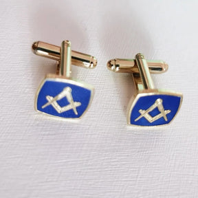 Master Mason Blue Lodge Cufflink - 1 Pair Blue Enamel Square & Compass - Bricks Masons