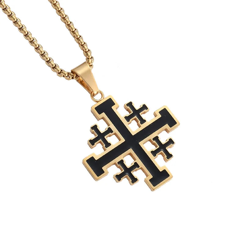 Knights Templar Commandery Necklace - Stainless Steel Jerusalem Cross Gold - Bricks Masons