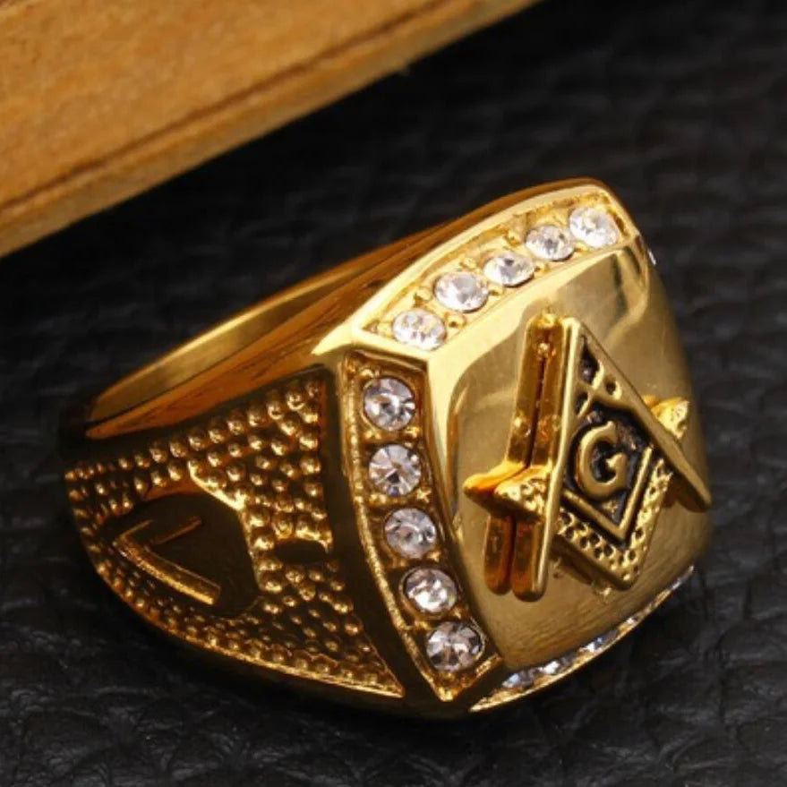 Master Mason Blue Lodge Ring - 316L Stainless Steel Gold Square & Compass - Bricks Masons