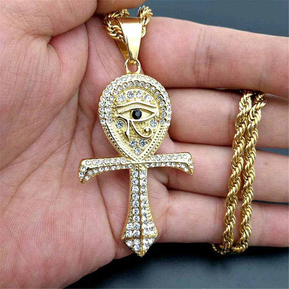 Ancient Egypt Necklace - Egyptian Ankh Cross  Gold Color Stainless Steel - Bricks Masons