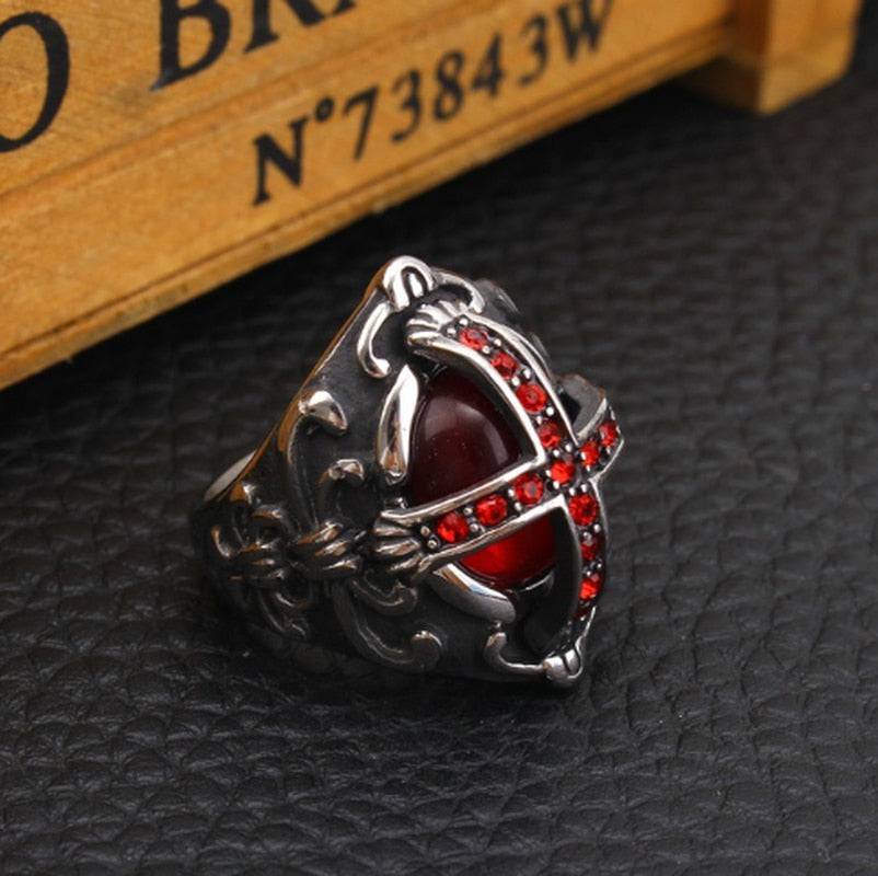 Knights Templar Commandery Ring - Red Stone Cross Silver and Gold