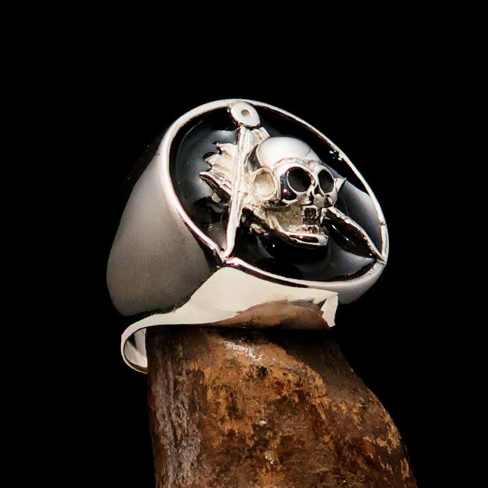 Master Mason Blue Lodge Ring - Black Sterling Silver With Skull Square and Compass