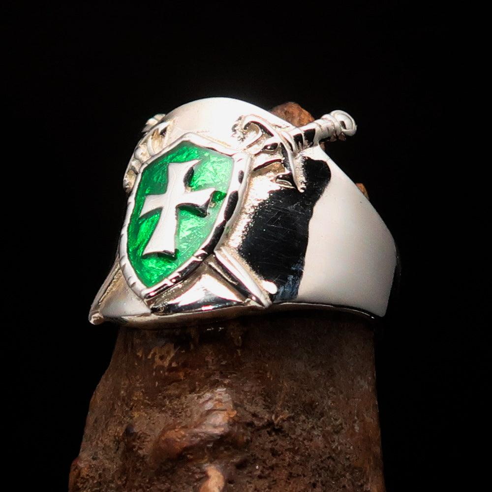 Knights Templar Commandery Ring - Green Templar Shield Cross Sterling Silver