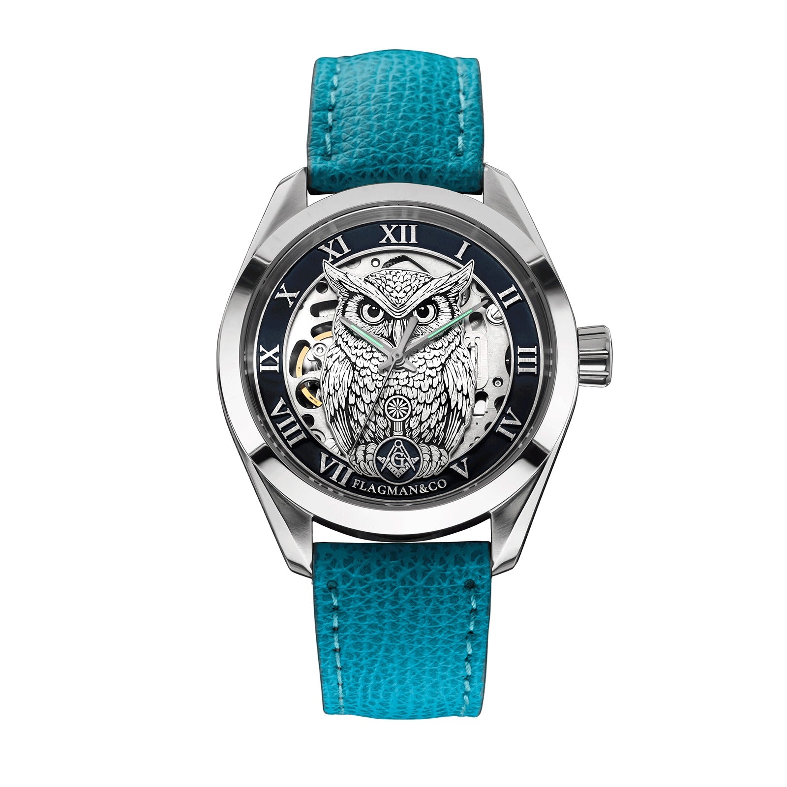 Master Mason Blue Lodge Wristwatch - Blue Bezel Owl with Square & Compasses G