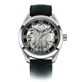 Master Mason Blue Lodge Armbanduhr – Grüne Lünette, Winkelmaß und Zirkel, G mit Eule