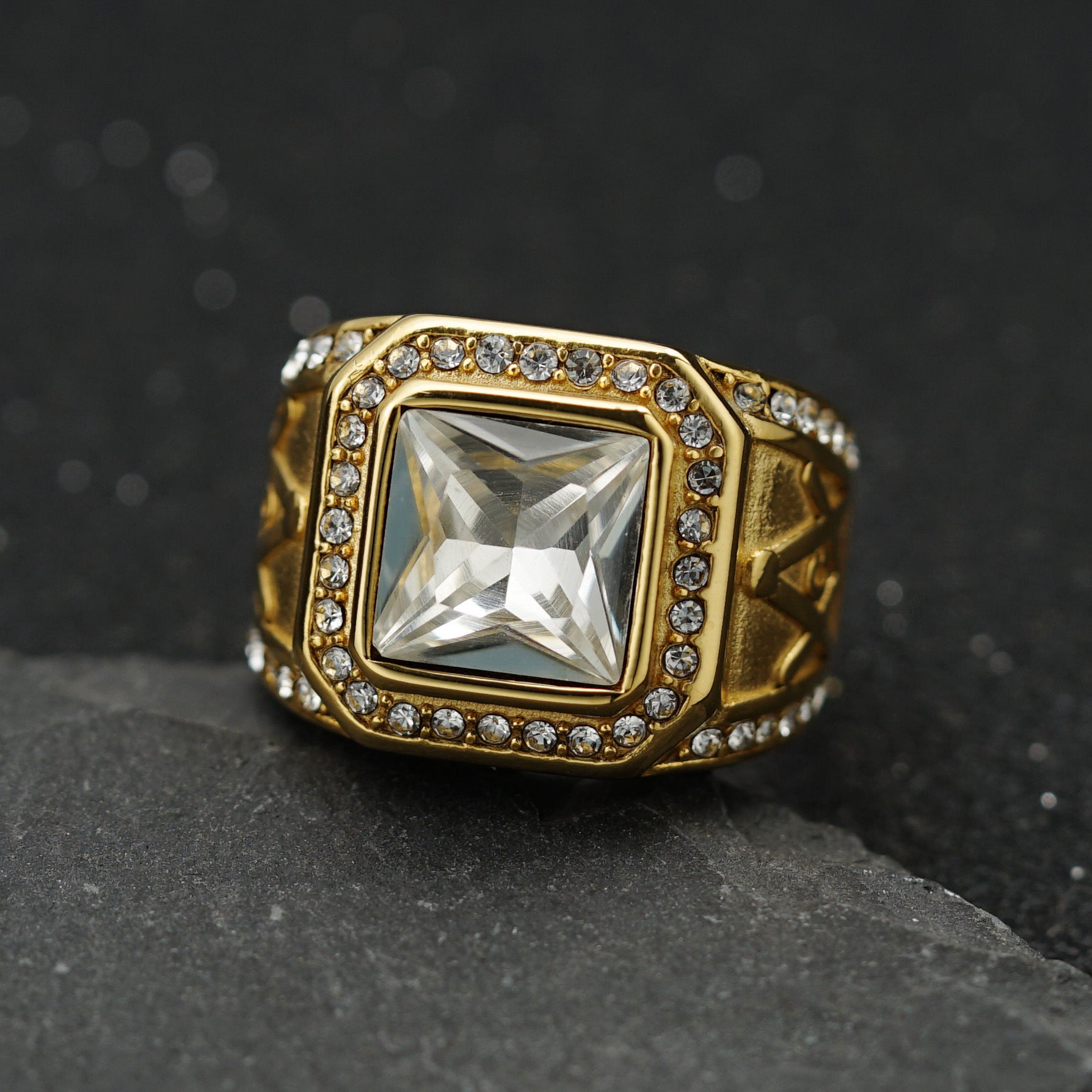 Master Mason Blue Lodge Ring - Gold Stainless Steel With White Gemstone - Bricks Masons