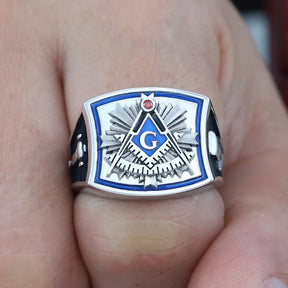 Ring der Blue Lodge für ehemalige Meister – Ring aus Sterlingsilber mit Winkelmaß und Zirkel (Quadrant G)