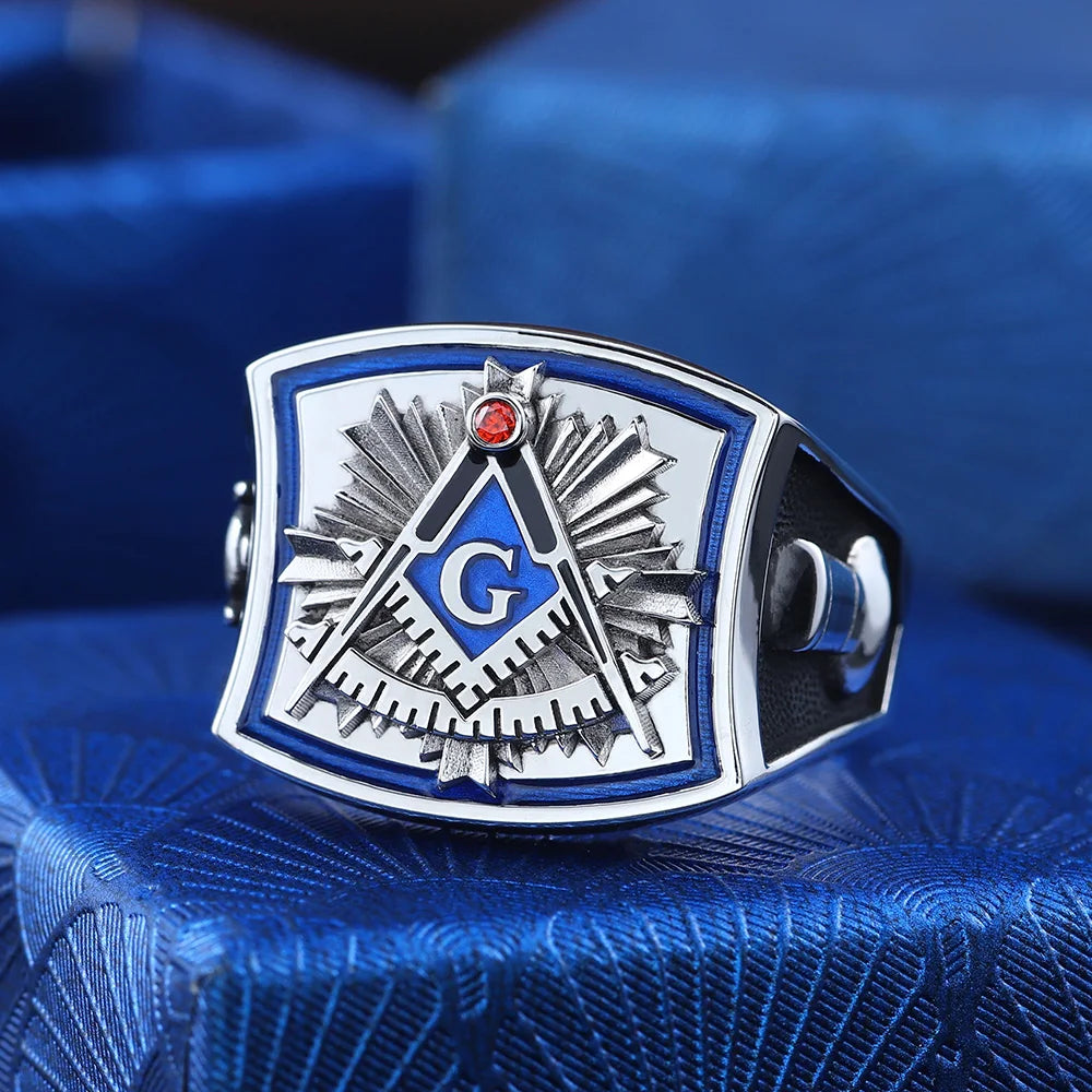 Ring der Blue Lodge für ehemalige Meister – Ring aus Sterlingsilber mit Winkelmaß und Zirkel (Quadrant G)