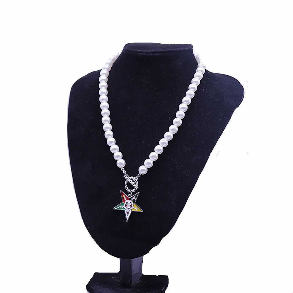 OES Necklace - White Beads With Star Charm - Bricks Masons