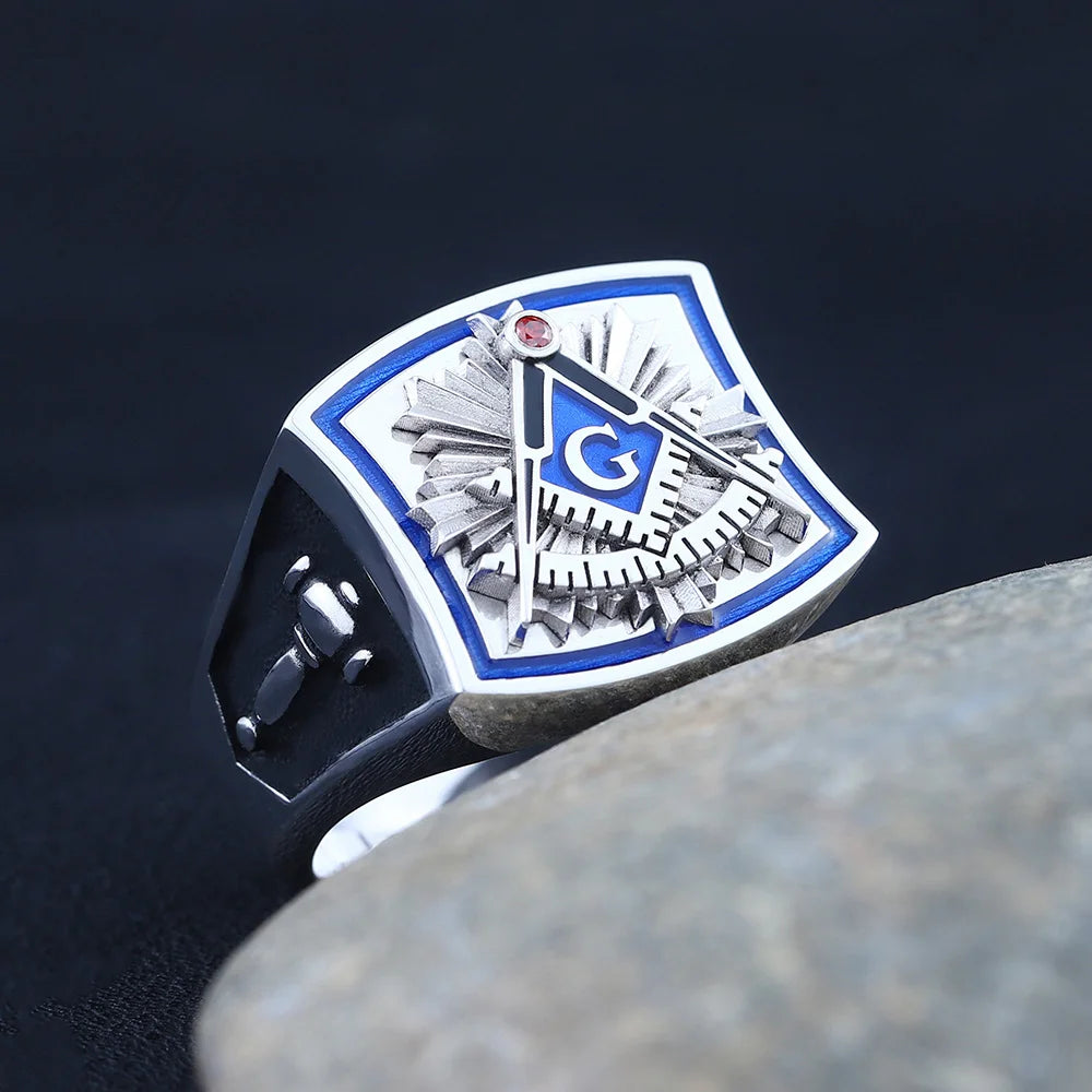 Ring der Blue Lodge für ehemalige Meister – Ring aus Sterlingsilber mit Winkelmaß und Zirkel (Quadrant G)