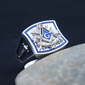 Ring der Blue Lodge für ehemalige Meister – Ring aus Sterlingsilber mit Winkelmaß und Zirkel (Quadrant G)