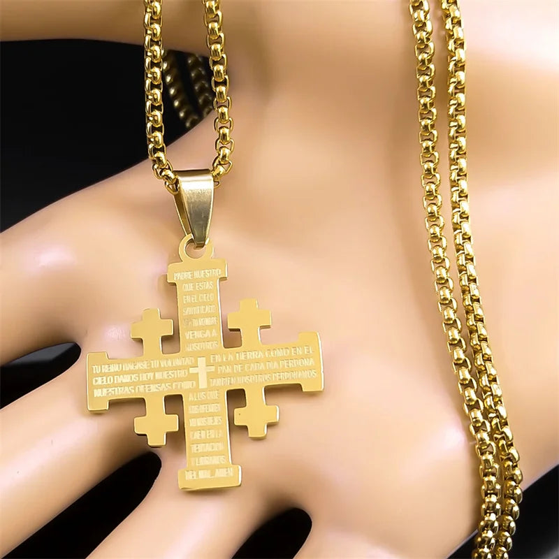 Knights Templar Commandery Necklace - Christian Jerusalem Cross Stainless Steel Bible Verse Lord's Prayer - Bricks Masons