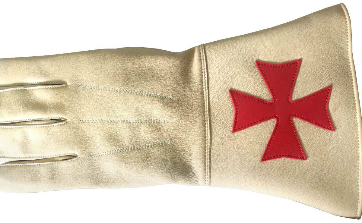 Knights Templar Commandery Gauntlet - Buff Leather with Red Maltese Cross