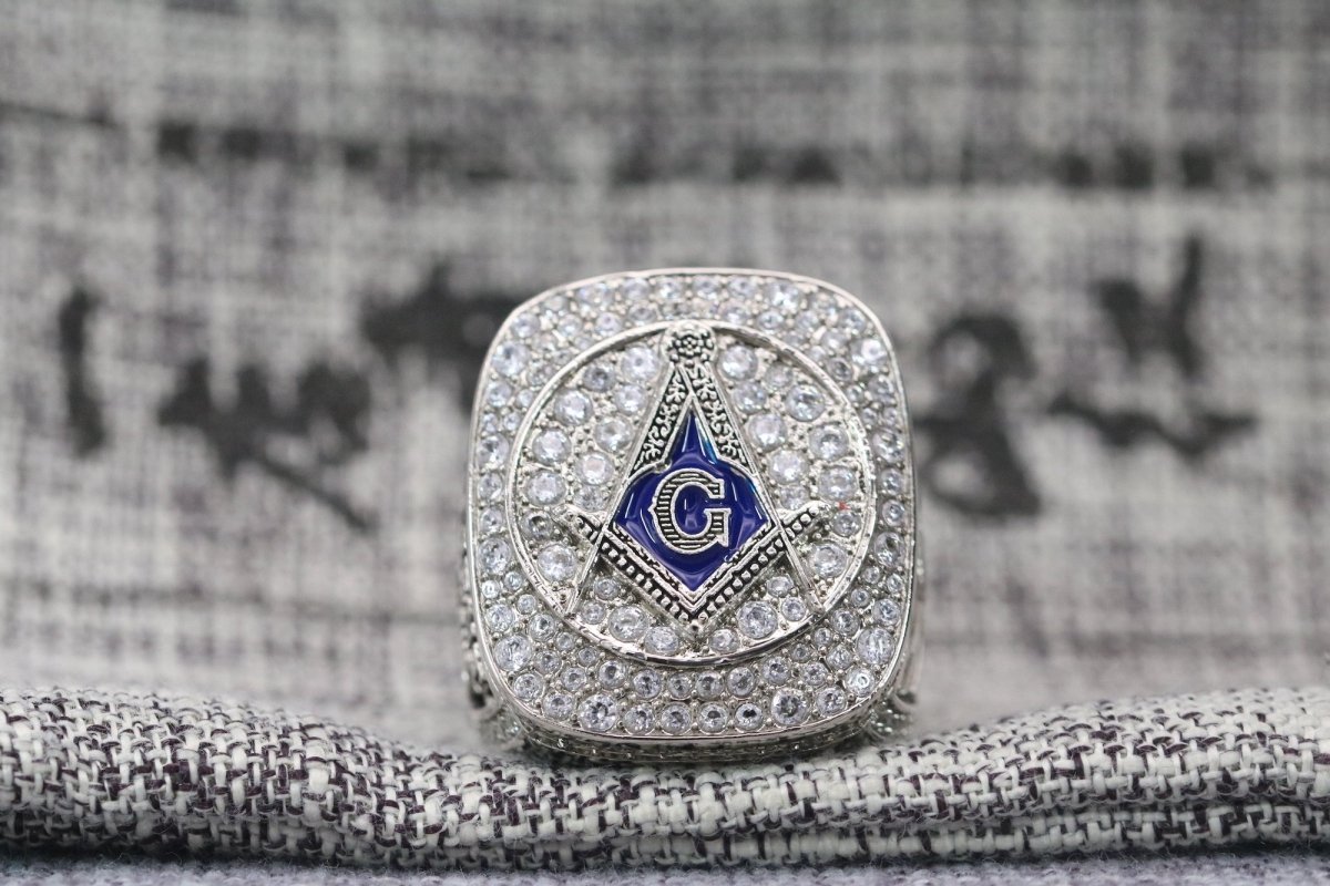 Master Mason Blue Lodge Ring - White Gold Plated Rhinestones With S&C G - Bricks Masons