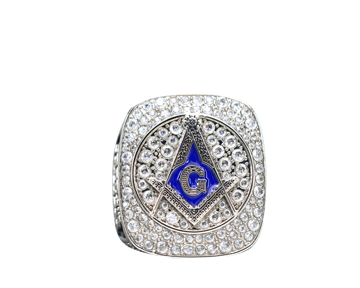 Master Mason Blue Lodge Ring - White Gold Plated With Rhinestones - Bricks Masons