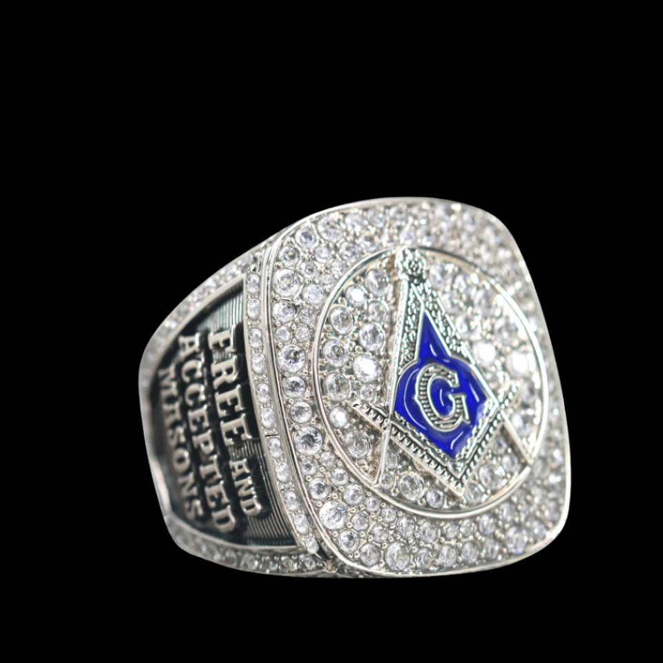 Master Mason Blue Lodge Ring - White Gold Plated With Rhinestones - Bricks Masons