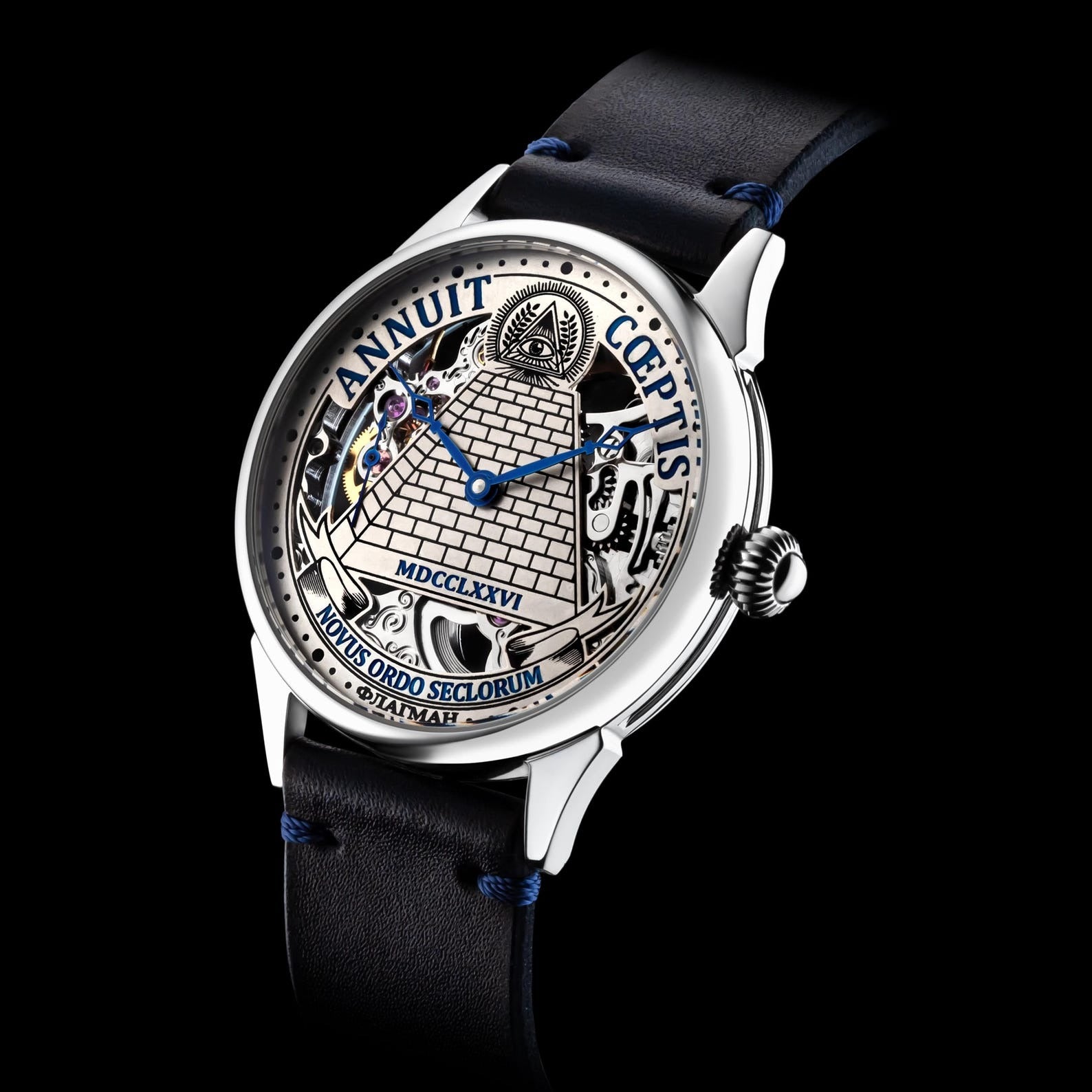 Eye Of Providence Wristwatch - Annuit Coeptis & Pyramid Silver Skeleton - Bricks Masons