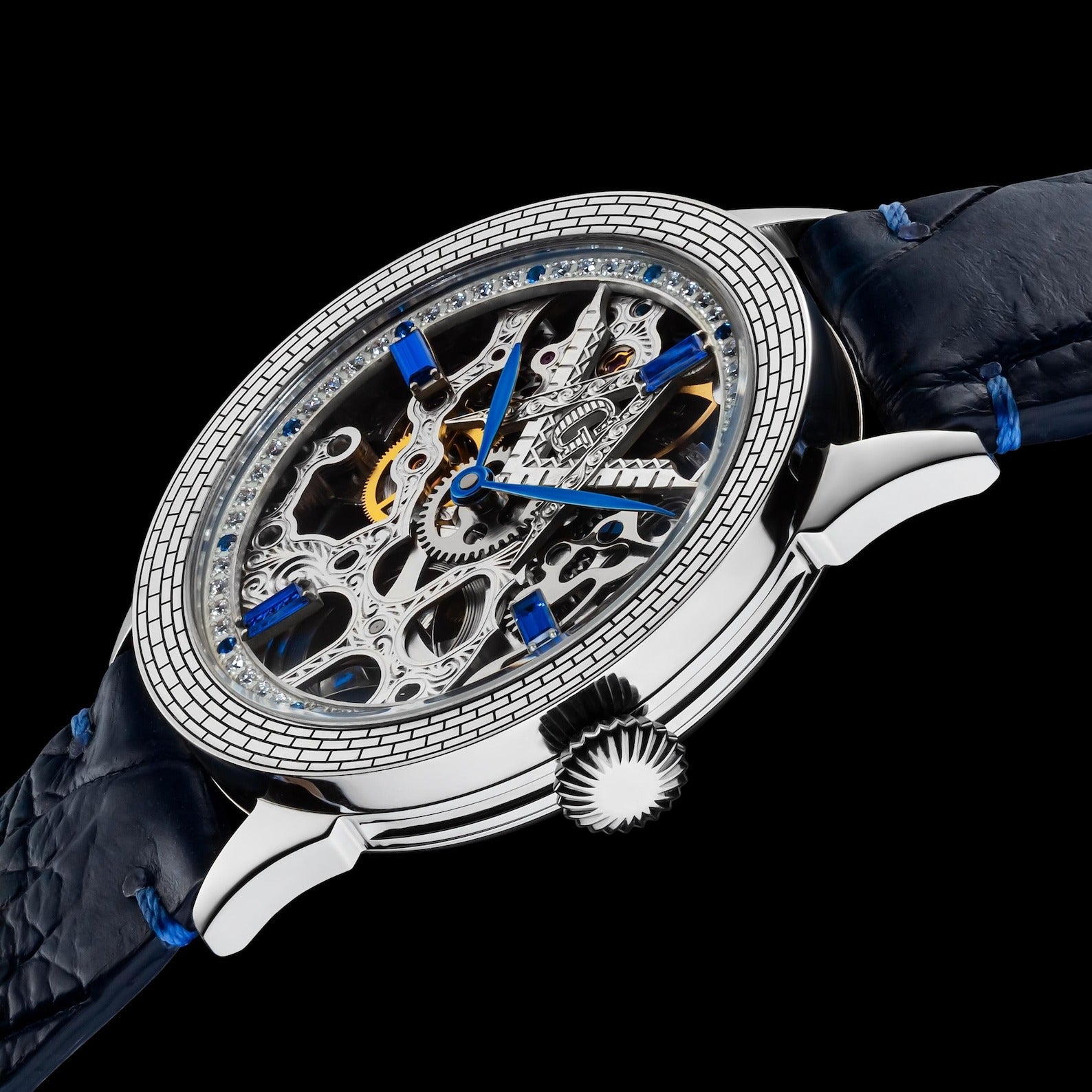 Master Mason Blue Lodge Wristwatch -  Silver Skeleton With Blue Leather Strap - Bricks Masons