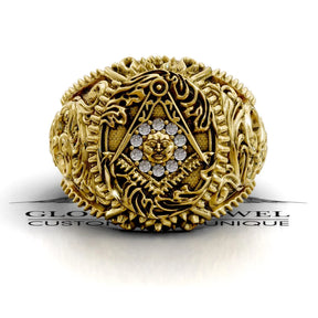 Master Mason Blue Lodge Ring - Square & Compass With Sun & Stones - Bricks Masons