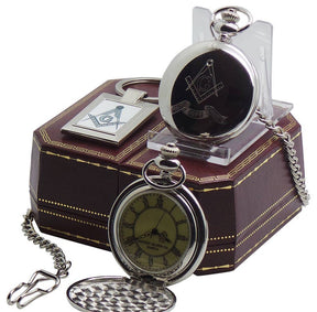 Master Mason Blue Lodge Pocket Watch - Full Hunter Real Silver Plated with Keyring Compass - Bricks Masons