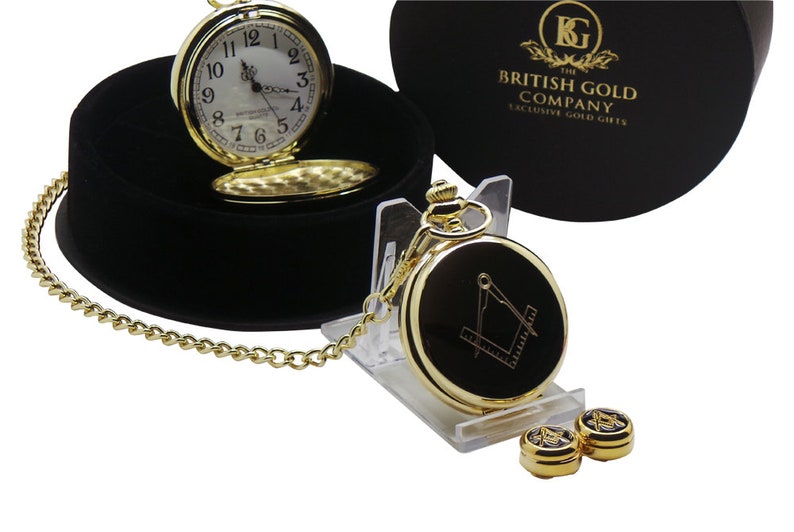 Master Mason Blue Lodge Pocket Watch - Cufflinks Personalised Full Hunter Gift Set in Case - Bricks Masons