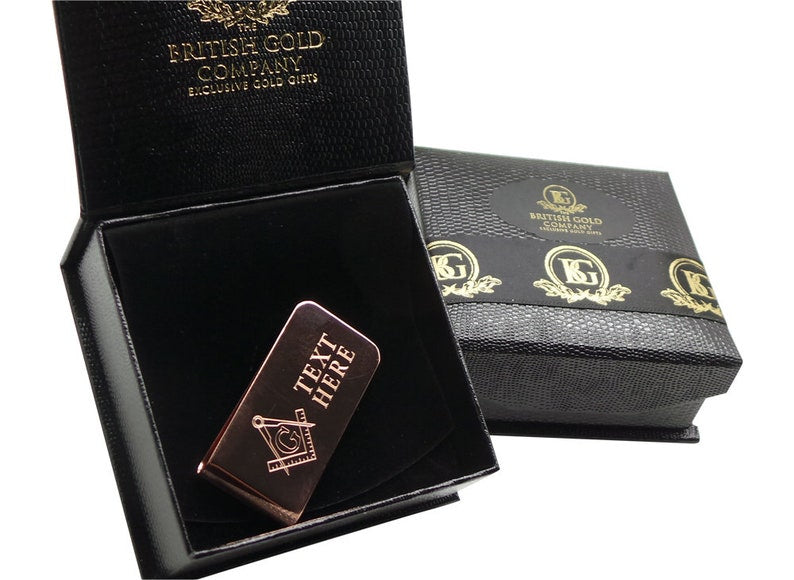 Master Mason Blue Lodge Money Clip - 18k Rose Gold Clad gift Case Engraving - Bricks Masons