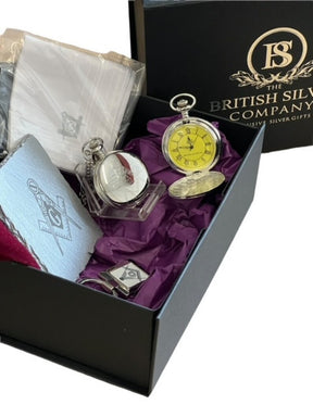 Master Mason Blue Lodge Pocket Watch - Engraved Silver & Handkerchief Gift Set - Bricks Masons