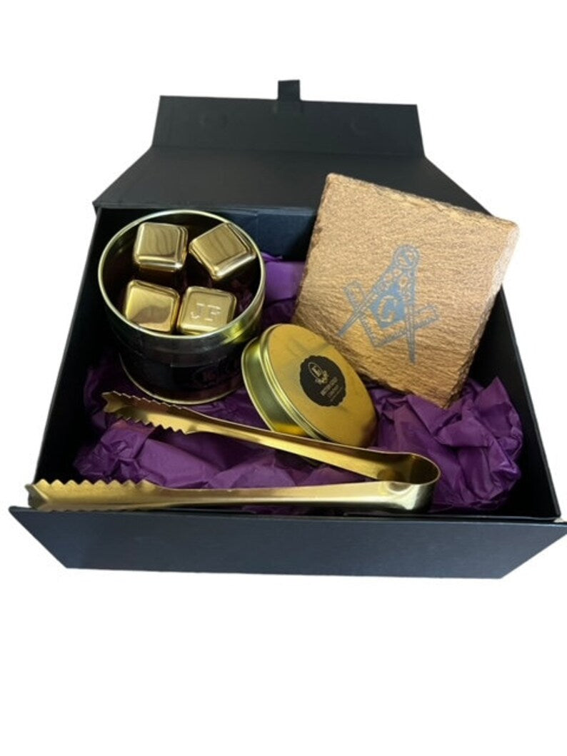 Master Mason Blue Lodge Reusable Ice Cubes - Gold Tongs Slate Coaster 6 Piece Gift Set - Bricks Masons