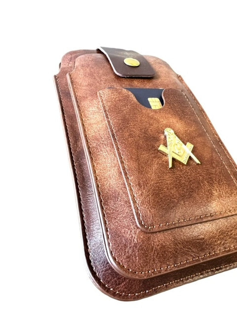 Master Mason Blue Lodge Phone Case - Leather Brown Luxury Belt Loop Card Holder