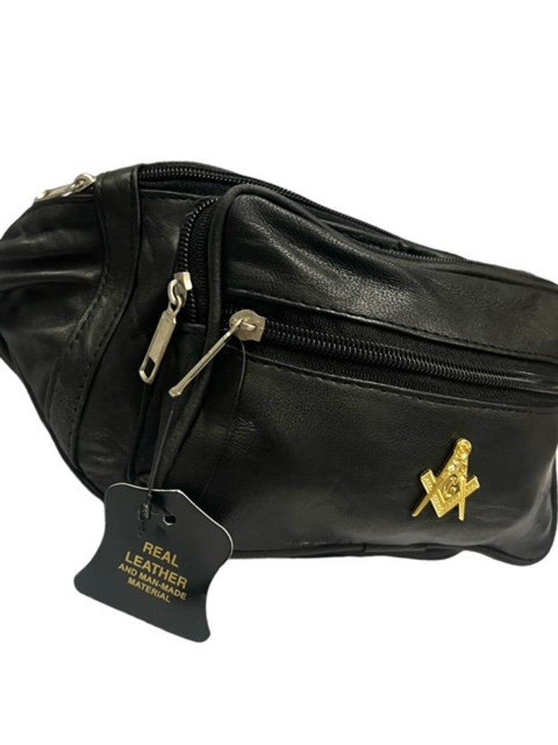 Master Mason Blue Lodge Waist Bag - Genuine Leather 24k Gold Clad Emblem - Bricks Masons