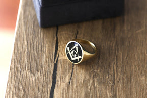 Master Mason Blue Lodge Ring - Gold With Black Enamel 9K to 18k Solid Gold - Bricks Masons