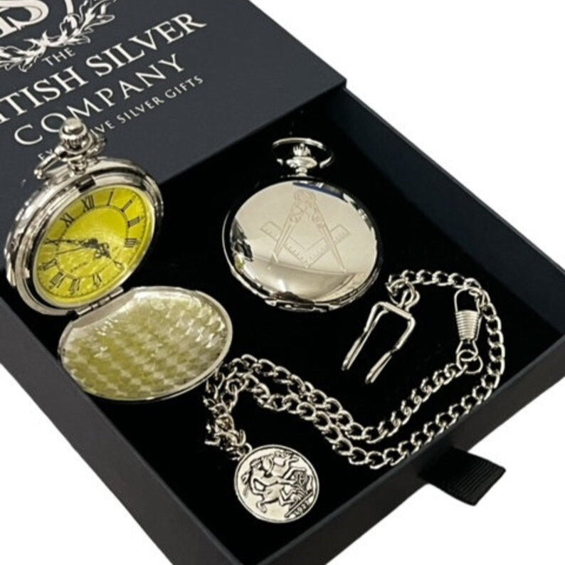 Master Mason Blue Lodge Pocket Watch - Custom Engraving Silver Chain - Bricks Masons
