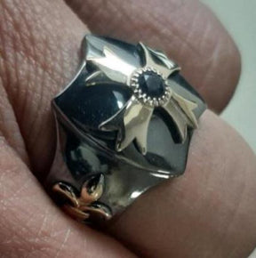 Knights Templar Ring - Gold Plated Cross Sterling Silver & Blue Sapphire - Bricks Masons