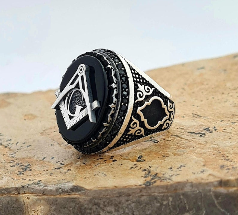 Master Mason Blue Lodge Ring - Handmade Sterling Silver Onyx - Bricks Masons