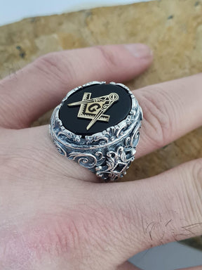 Master Mason Blue Lodge Ring - Handmade Sterling Silver Onyx - Bricks Masons