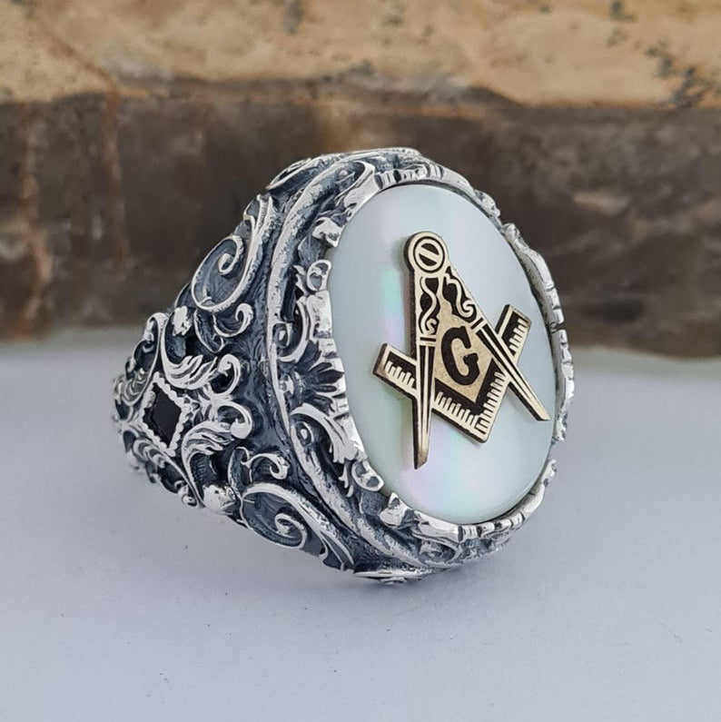 Master Mason Blue Lodge Ring - Handmade Sterling Silver Mother of Pearl - Bricks Masons
