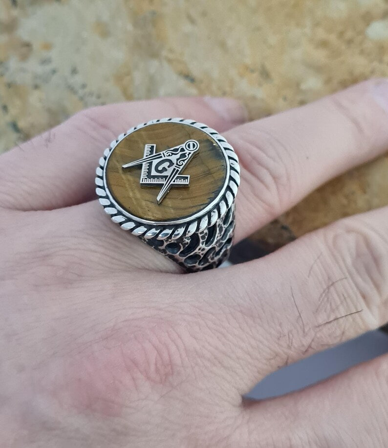 Master Mason Blue Lodge Ring - Tiger Eye 925 Silver - Bricks Masons