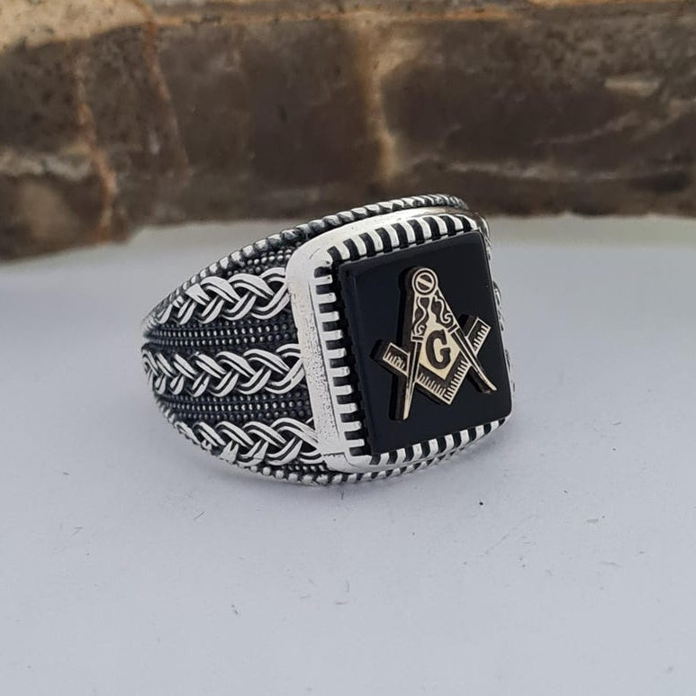 Master Mason Blue Lodge Ring - Handmade Sterling Silver Onyx - Bricks Masons