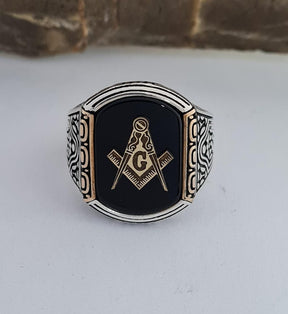 Master Mason Blue Lodge Ring - Handmade Sterling Silver Onyx - Bricks Masons