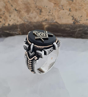 Master Mason Blue Lodge Ring - Handmade Sterling Silver Black Onyx - Bricks Masons
