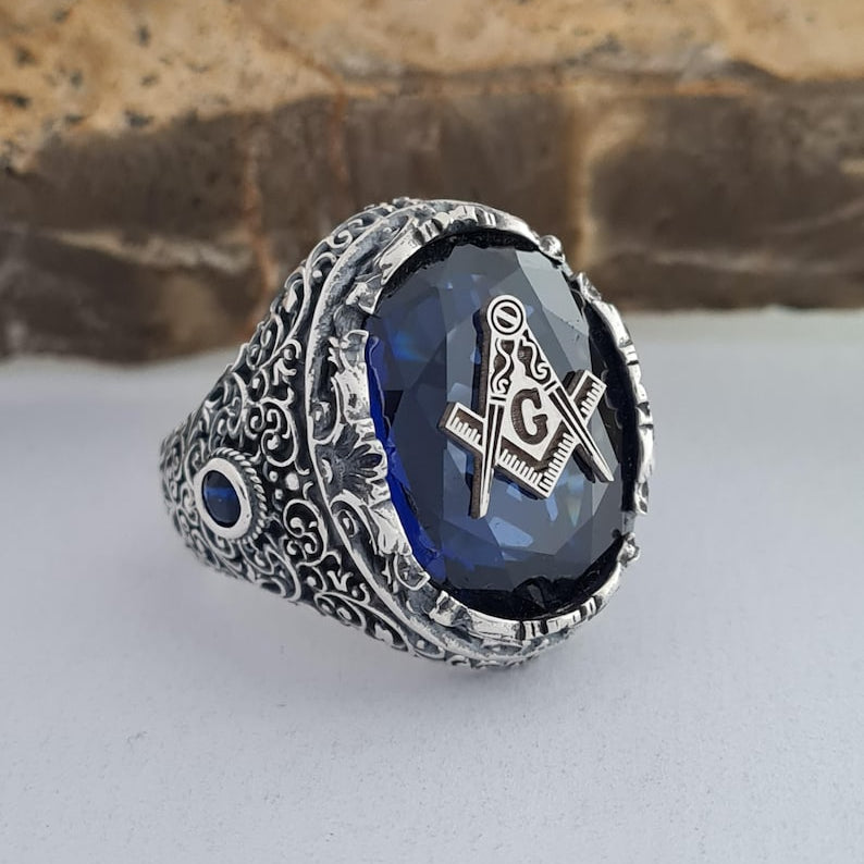 Master Mason Blue Lodge Ring - Blue Sapphire - Bricks Masons
