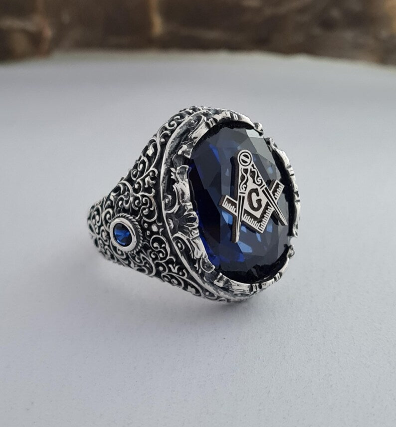 Master Mason Blue Lodge Ring - Blue Sapphire - Bricks Masons