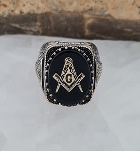 Master Mason Blue Lodge Ring - Handmade Sterling Silver Black Onyx - Bricks Masons