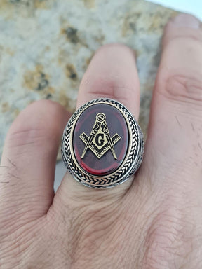 Master Mason Blue Lodge Ring - Handmade Sterling Silver Garnet-red zircon - Bricks Masons