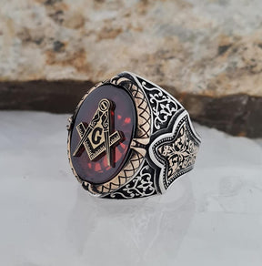 Master Mason Blue Lodge Ring - Sterling Silver Zircon - Bricks Masons